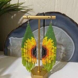 Handmade Sunflower Beaded Fringe Earrings - Green & Yellow